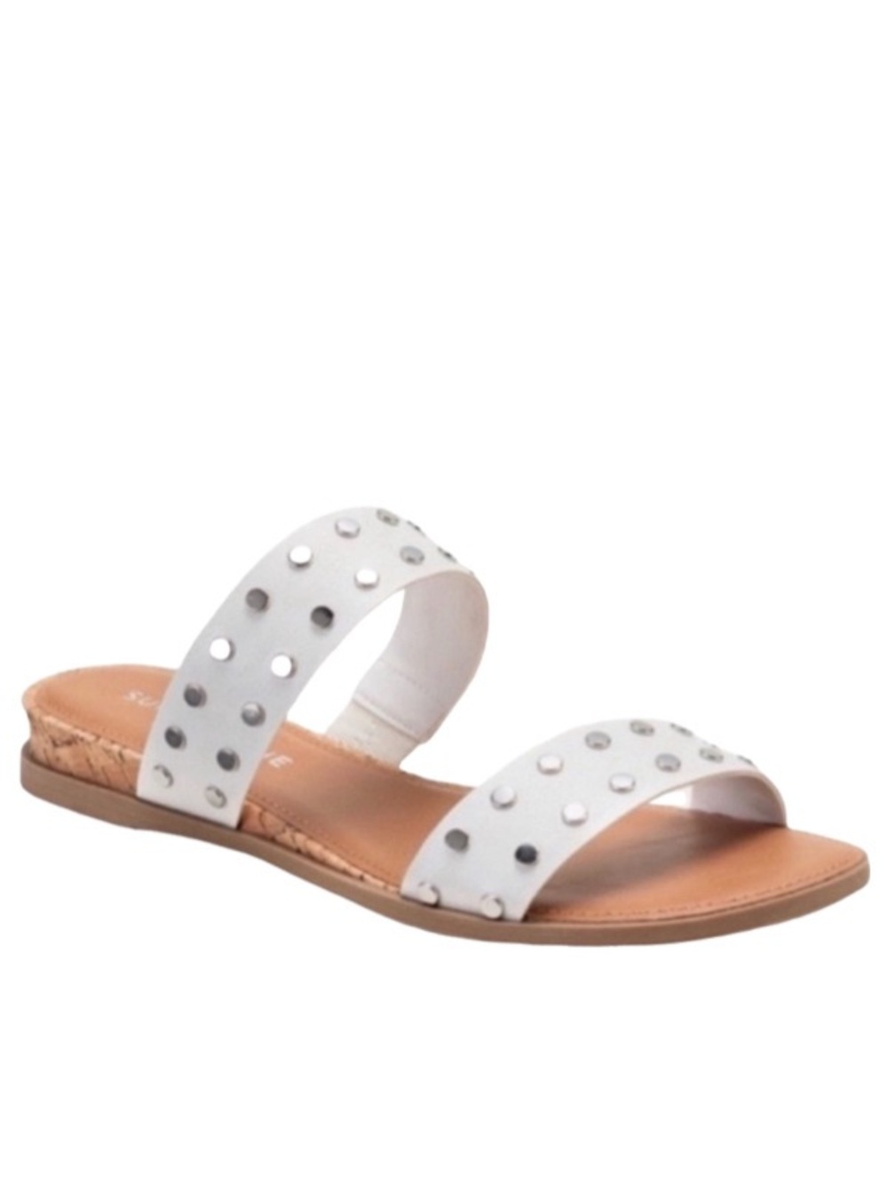 Sun + Stone Studded Slide Sandals Double Strap White Silver Size 8.5